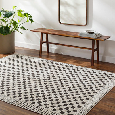 Livabliss Freud-Modern Ivory Black High Pile Checkered Living Dining Bedroom Rug 160 X 213 Cm Easy CareNon Shedding from B&Q