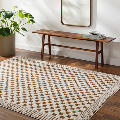 Livabliss Freud-Modern Ivory Brown High Pile Checkered Living Dining Bedroom Rug 160 X 213 Cm Easy CareNon Shedding from B&Q