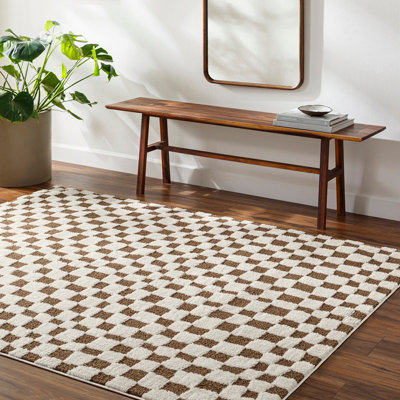 Livabliss Freud-Modern Ivory Brown High Pile Checkered Living Dining Bedroom Rug 160 X 213 Cm Easy CareNon Shedding from B&Q