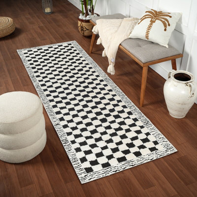 Livabliss Freud-Modern Ivory Black High Pile Checkered Living Dining Bedroom Rug 80 X 220 Cm Easy CareNon Shedding from B&Q