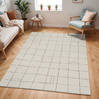 Livabliss Freud-Modern Ivory Brown High Pile Living Dining Bedroom Rug 200 X 275 Cm Easy CareNon Shedding from B&Q