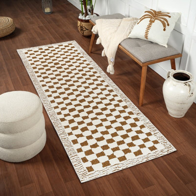 Livabliss Freud-Modern Ivory Brown High Pile Checkered Living Dining Bedroom Rug 80 X 220 Cm Easy CareNon Shedding from B&Q