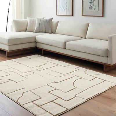 Livabliss Freud-Modern Ivory Brown High Pile Living Dining Bedroom Rug 160 X 213 Cm Easy CareNon Shedding from B&Q