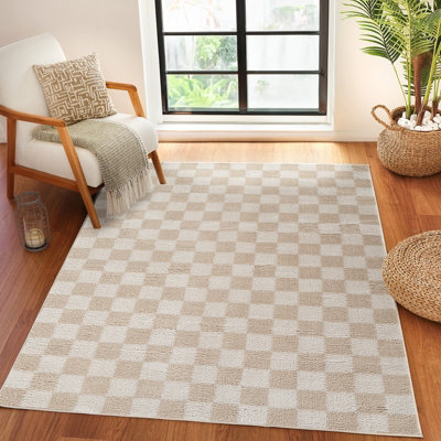 Livabliss Fossay Shaggy-Washable Beige High Pile Checkered Living Bedroom Rug 200 X 275 Cm Easy CareNon Shedding from B&Q