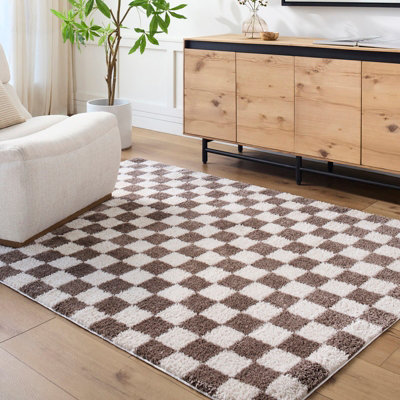 Livabliss Fossay Shaggy-Washable Beige Brown High Pile Checkered Living Bedroom Rug 200 X 275 Cm Easy CareNon Shedding from B&Q