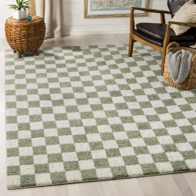 Livabliss Fossay Shaggy-Washable Beige Green High Pile Checkered Living Bedroom Rug 160 X 213 Cm Easy CareNon Shedding from B&Q