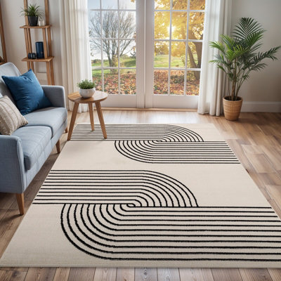 Livabliss Pisa-Modern Off-White Black Graphic Living Dining Bedroom Rug 140 X 200 Cm Easy CareNon Shedding from B&Q