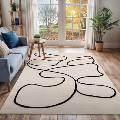 Livabliss Pisa-Modern Off-White Black Living Dining Bedroom Rug 140 X 200 Cm Easy CareNon Shedding from B&Q