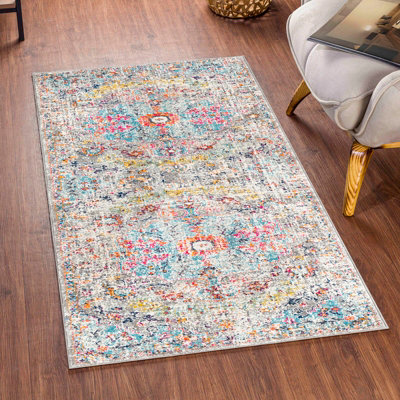 Livabliss Harput-Vintage Blue Orange Yellow Grey Traditional Boho Living Dining Bedroom Rug 80 X 150 Cm Easy CareNon Shedding from B&Q