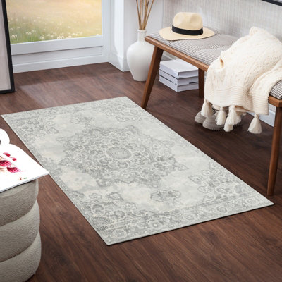 Livabliss Monaco-Vintage Grey Ivory Traditional Boho Living Dining Bedroom Rug 80 X 150 Cm Easy CareNon Shedding from B&Q