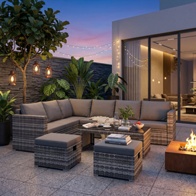 Fenchilin Garden Corner Sofa Set Rattan Sofa With Coffee Table 2 Stools Outdoor Furniture Grey from B&Q