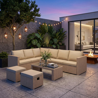 Fenchilin Garden Corner Sofa Set Rattan Sofa With Coffee Table 2 Stools Outdoor Furniture Khaki from B&Q