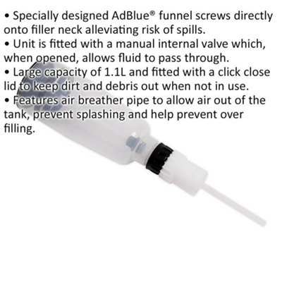 1.1 Litre Straight AdBlue Filling Funnel - Manual Internal Valve - Screw On