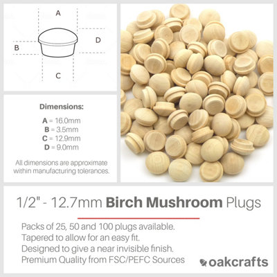 1/2" - 12.7mm Birch Mushroom Plug - Pack of 25