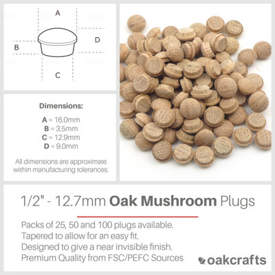 1/2 - 12.7mm Oak Mushroom Plug - Pack of 100