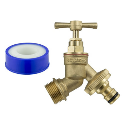 1.2" bsp (21mm across the thread) solid brass outdoor garden bib tap  universal hose connector and ptfe  tape