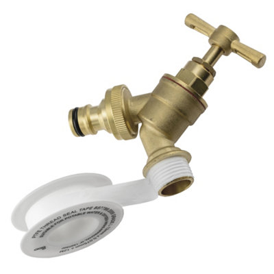 1.2" bsp (21mm across the thread) solid brass outdoor garden bib tap  universal hose connector and ptfe  tape - 3