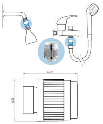 1/2" BSP Body Turning Adjustable Shower 23-0 l/min Water Flow Nipple Reduction - 3