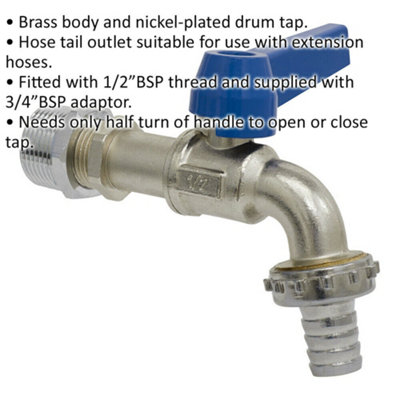 1/2" BSP Drum Tap - 3/4" BSP Adaptor Included - Hose Tail Outlet - Brass Body