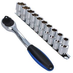 1/2" Drive Curved Ratchet 72 Teeth + 10pc Metric shallow Sockets 10mm - 24mm