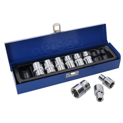 1/2" Drive Female Torx Star E Shallow Sockets E10 - E24 9pc Set In Metal Tin