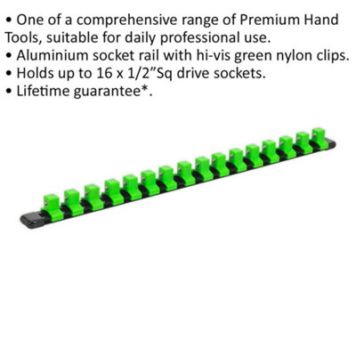 1/2" Square Drive Bit Holder - 16x Sockets - GREEN Retaining Rail Bar Storage