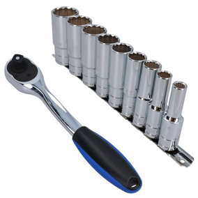 1/2in Drive Curved Ratchet 72 Teeth and 9pc Whitworth Deep Sockets 1/8in to 5/8in