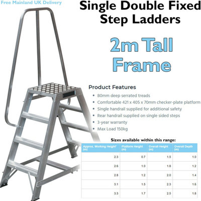 1.2m Heavy Duty Double Sided Fixed Step Ladders Safety Handrail & Wide Platform