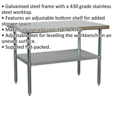 1.2m Stainless Steel Work Bench & Adjustable Storage Shelf - Kitchen Station