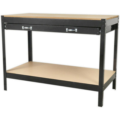 1.2m x 0.6m Workbench - Heavy Duty Steel Frame & Wood Work Top with Draw & Shelf