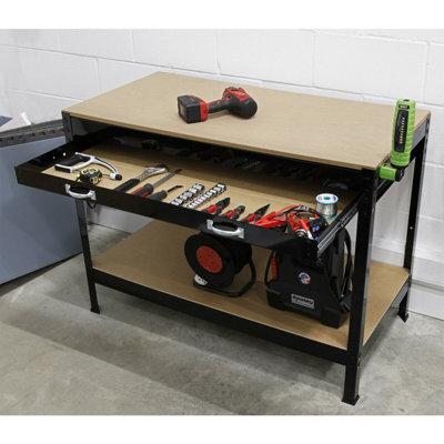 1.2m x 0.6m Workbench - Heavy Duty Steel Frame & Wood Work Top with Draw & Shelf