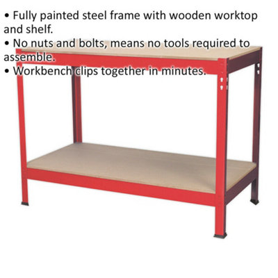 1.2m x 0.6m Workbench - Heavy Duty Steel Frame & Wooden Work Top & Storage Shelf