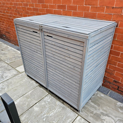 1.35m x 1.14m Large Grey Wooden Outdoor Garden Double Wheelie Bin Store Storage for 2 Bins with Back Panels