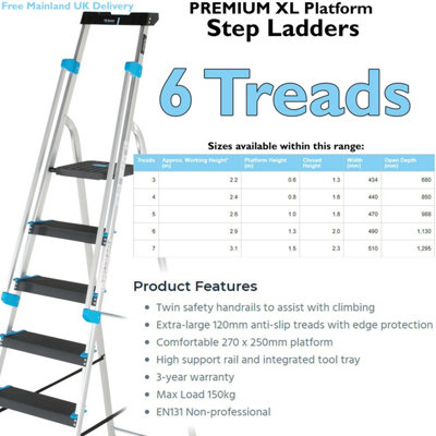 1.3m XL Platform Step Ladders 6 Tread Anti Slip Steps & Tool Tray Aluminium