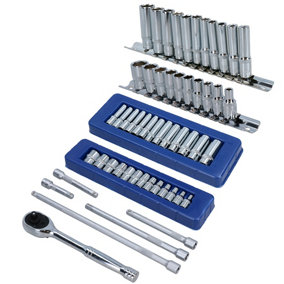 1/4" Drive Shallow + Deep Sockets Metric Imperial Ratchet + Extensions Set 53pc