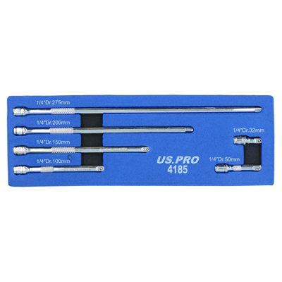 1/4 Inch Drive Socket Extension Bar Set - 6 Pieces, 32mm To 275mm Lengths, Chrome Vanadium Steel With Storage Tray