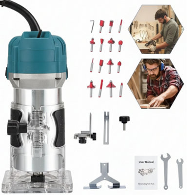 1/4 Electric Hand Trimmer Palm Router Kit with 15 Piece Woodworking Bit Set