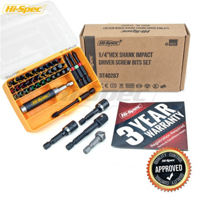 1/4 Impact Drill Screw Driver Nut Bit Magnetic Set Hex Shank 44Pc Hi-Spec