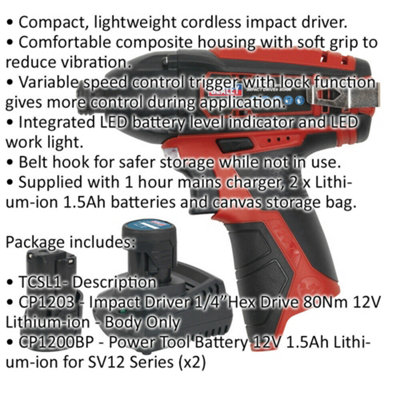 1/4 Inch Hex Drive Cordless Impact Driver - 2 x 12 V Li-on Batteries Included