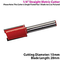1/4" SHANK 15mm x 20mm Tungsten Carbide Straight Router Bit Worktop Wood Cutter