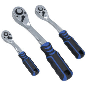 1/4in 3/8in 1/2in Drive Ratchets Curved Handle 90 Teeth Quick Release 3pc Set