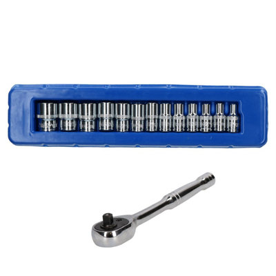 1/4in Drive Metric MM Shallow Single Hex Sockets 4mm to 14mm and Ratchet 14pc