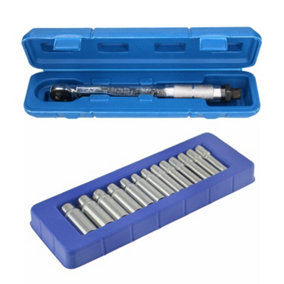 1/4in Drive Torque Wrench 5 to 25 Nm and Metric 6 Sided Deep Sockets 4 to 14mm