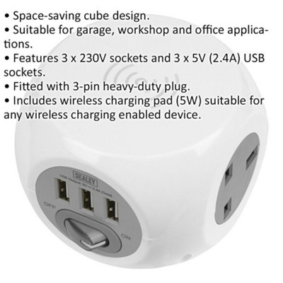1.4m Extension Cable Cube - 3 x 230V Sockets - 5W Wireless Charging Pad & USB