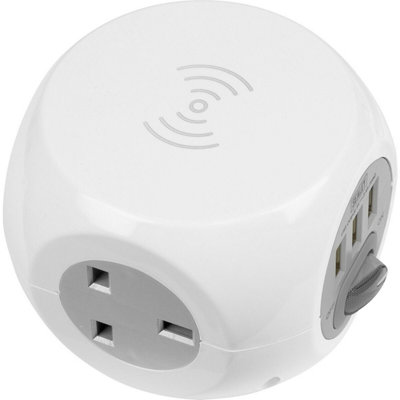 1.4m Extension Cable Cube - 3 x 230V Sockets - 5W Wireless Charging Pad & USB - 4