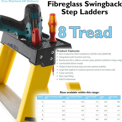 1.4m FIBREGLASS Swingback Step Ladders 8 Tread Professional Lightweight Steps