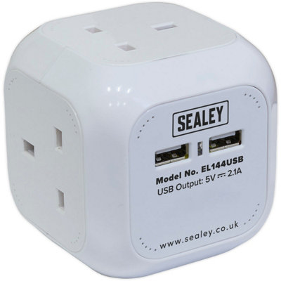 1.4m Space Saving Extension Cable Cube - 4 x 230V Sockets - 2 x USB Sockets