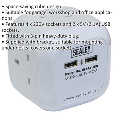 1.4m Space Saving Extension Cable Cube - 4 x 230V Sockets - 2 x USB Sockets