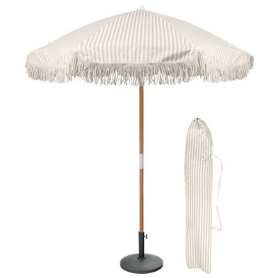 1.4M Tassel Fringed Wooden Garden Parasol & Base Set Free-Standing Umbrella with Carry Bag - Beige Stripe - UPF30+