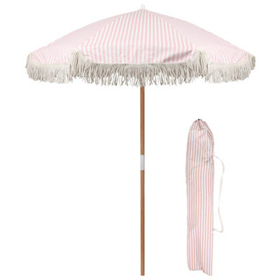 1.4M Wooden Garden Parasol with Tassel Fringe Portable Free-Standing Umbrella with Carry Bag - Pastel Pink Stripe - UPF30+